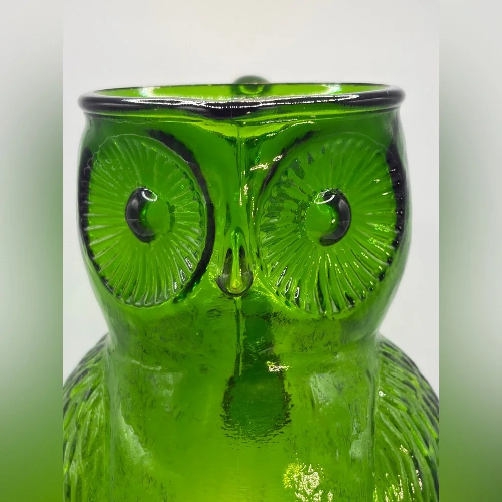 Vintage Green Art Glass Owl Figure Pitcher / Vase, Cottagecore Whimsigoth Decor